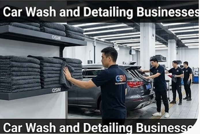 Gray microfiber car towels for professional car wash and auto detailing business shop use