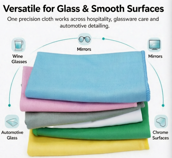 Microfiber polishing towels for wine glass, mirror, automotive glass and chrome surfaces