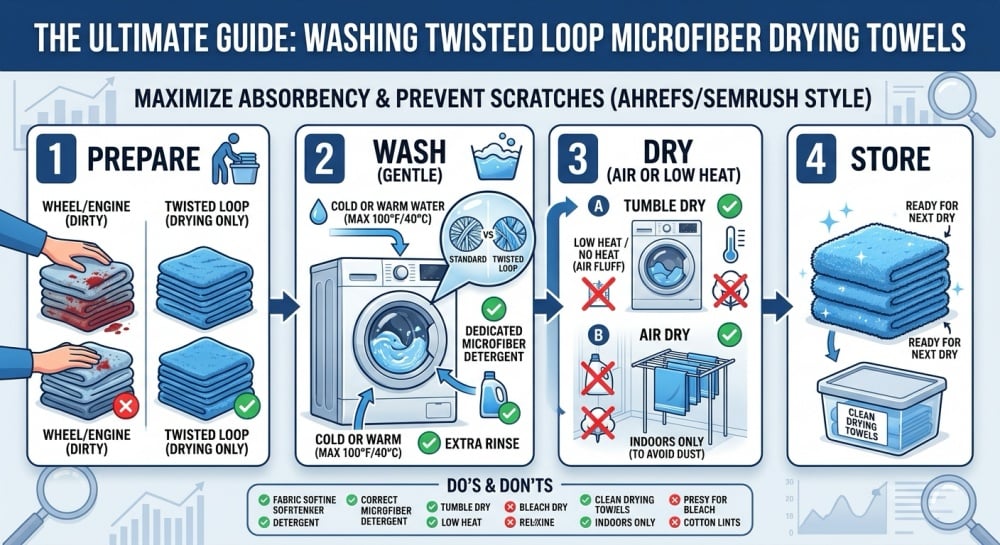Step-by-step infographic guide on how to wash, dry, and care for twisted loop microfiber car drying towels.