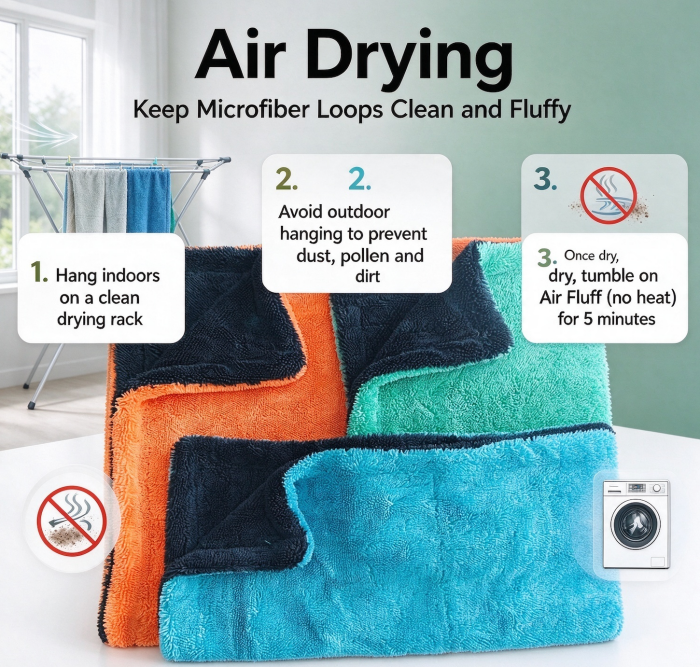 microfiber car drying towel air drying care guide, indoor drying rack, avoid outdoor dust, air fluff to fluff loops, ENA TEXTILES
