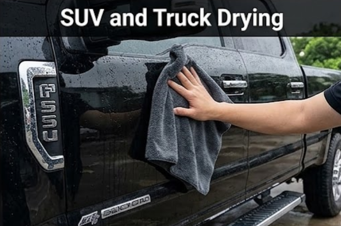 Premium microfiber towel drying water on black SUV and truck exterior body