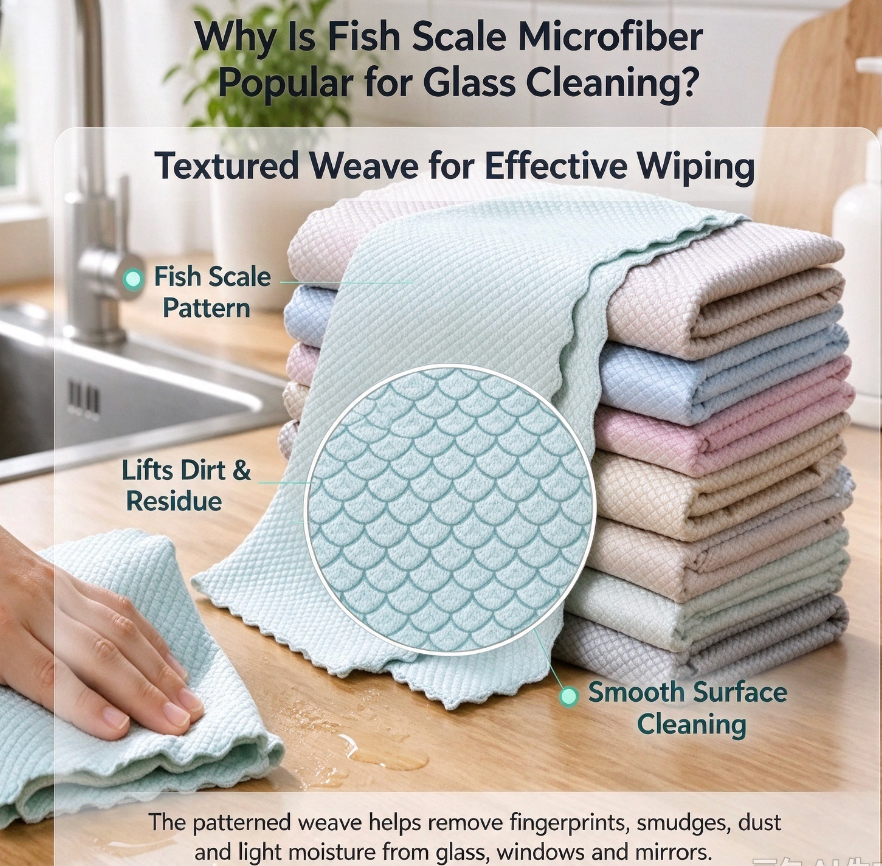 Fish scale microfiber cloth kitchen scene, textured weave lifts dirt and residue for wiping glass, mirror and smooth surfaces
