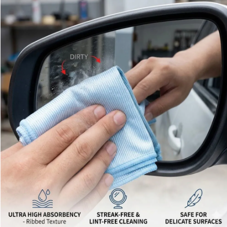 Blue microfiber glass towel wiping car side mirror for streak free clarity