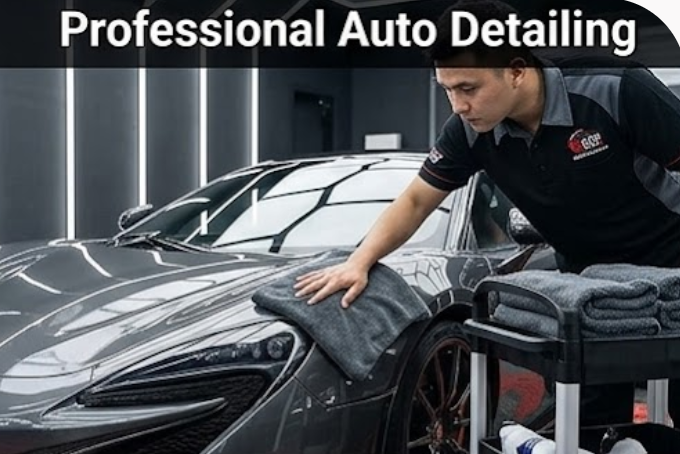 Detailer uses grey microfiber towel for professional auto detailing on sports car