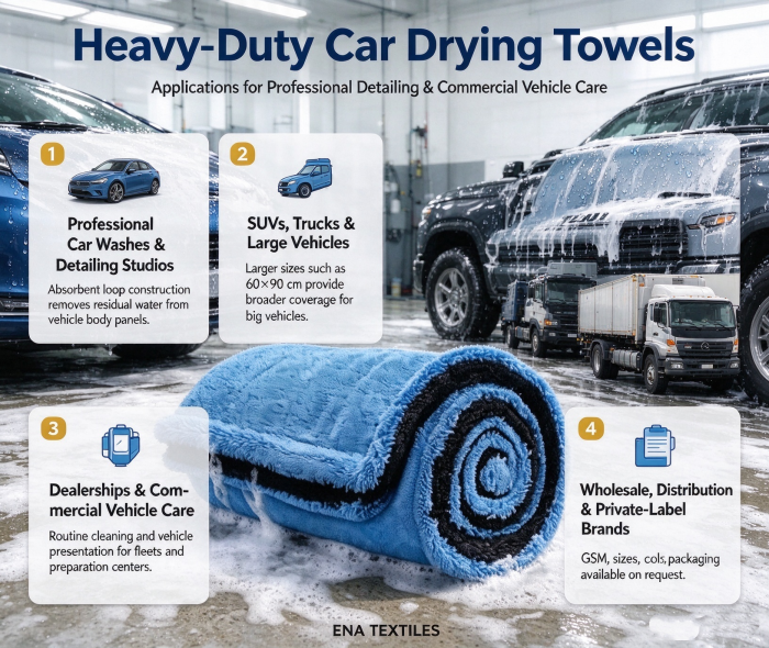 Heavy-duty twisted loop microfiber car drying towel applications for professional car wash, detailing studios, SUVs, trucks, dealerships and commercial vehicle care, ENA TEXTILES