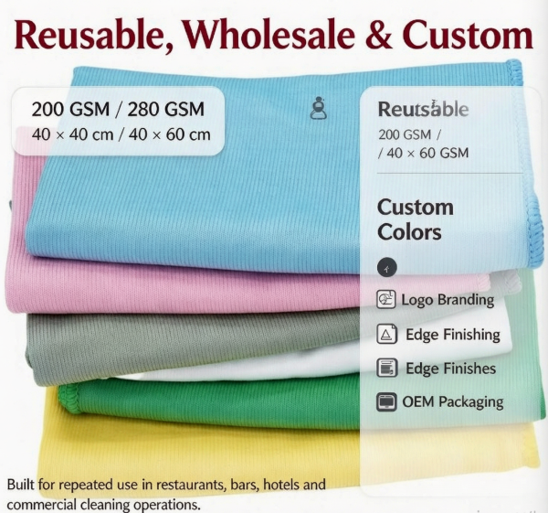 Multi-color microfiber cloths, reusable, available in multiple GSM sizes & OEM custom logo