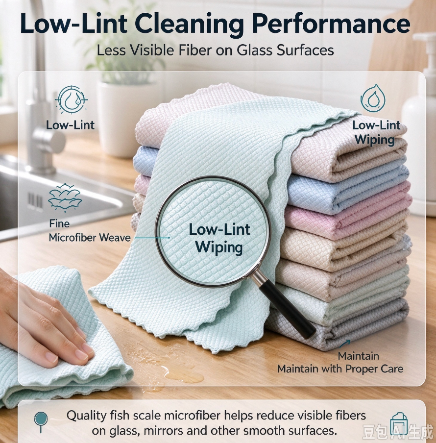 Stack colorful fish scale microfiber towels, low lint wiping ideal for glass surfaces without fiber residue