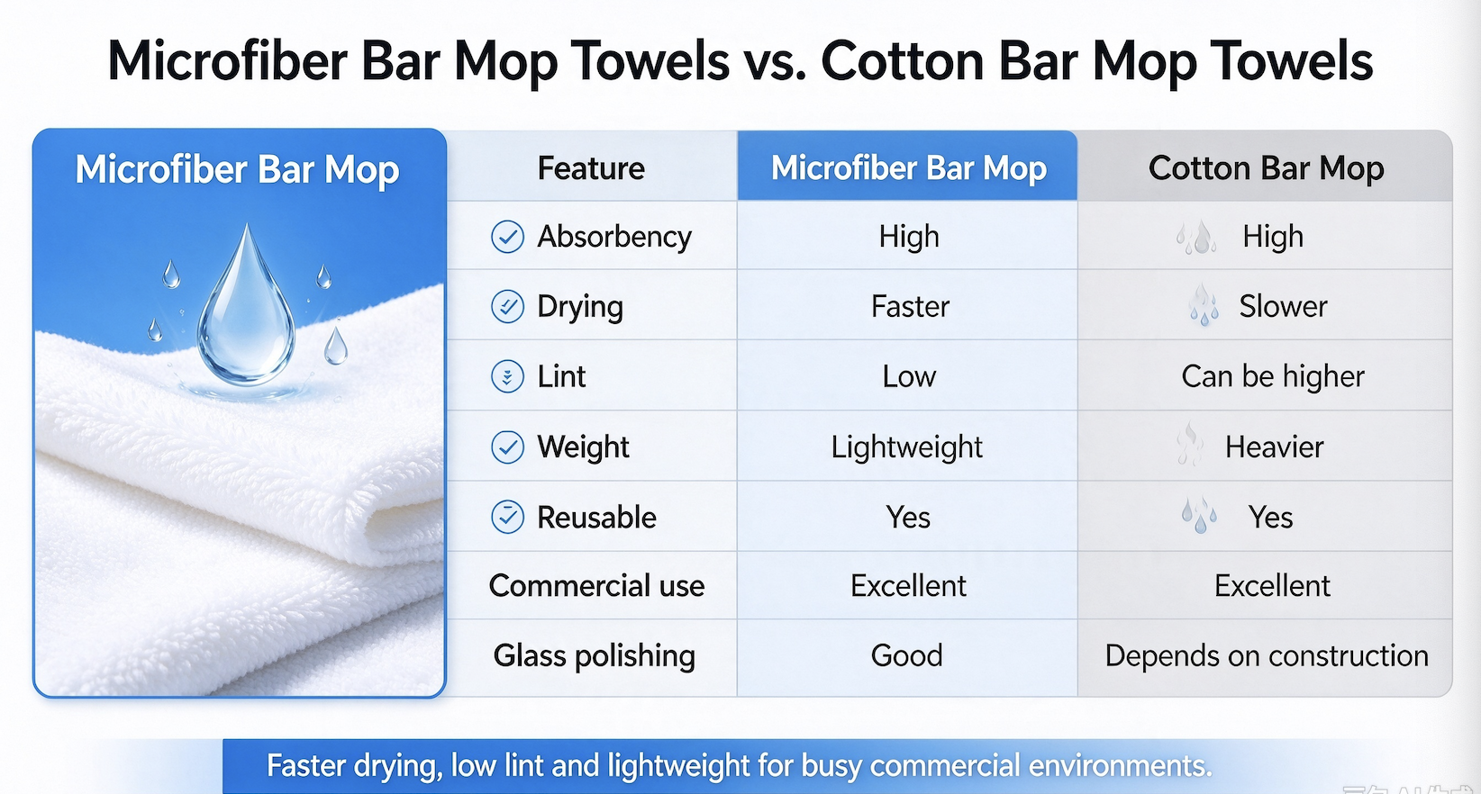 Comparison chart of microfiber bar mop towels vs cotton bar mop towels, highlighting absorbency, drying speed, lint, weight, reusability, commercial use and glass polishing performance