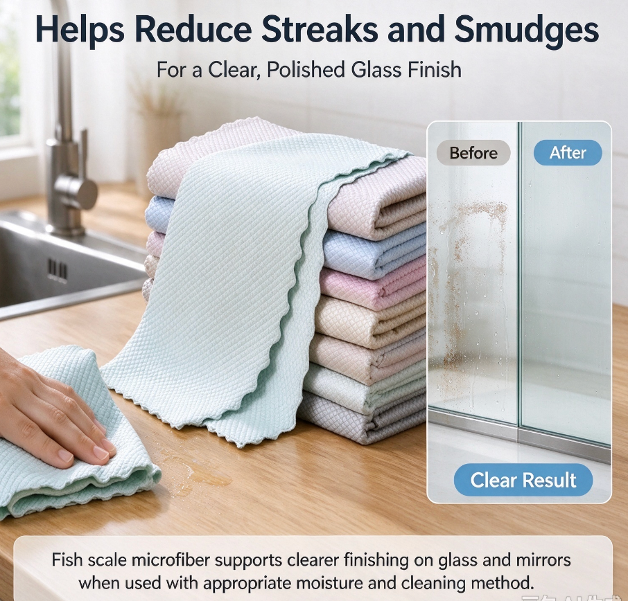 Fish scale microfiber cleaning cloth, helps remove smudges and streaks to get clear finish on glass and mirrors