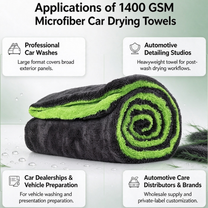 1400 GSM twisted loop microfiber car drying towel applications, for car wash, auto detailing, dealership and wholesale, ENA TEXTILES
