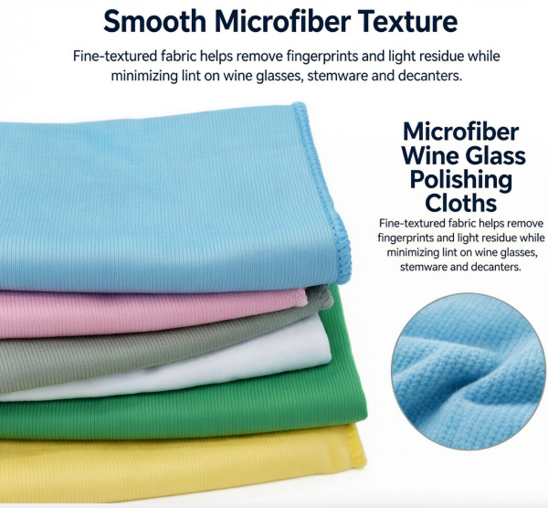 Stack of colorful microfiber polishing cloths, smooth texture removes fingerprints and lint for wine glass
