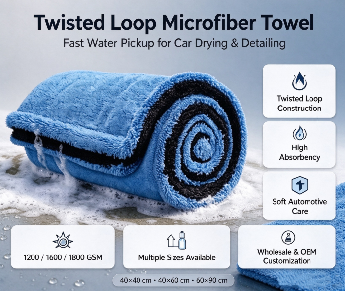 Blue twisted loop microfiber car drying towel, high absorbency auto detailing towel for car wash, ENA TEXTILES