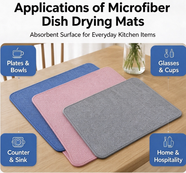 Microfiber dish drying mat applications for plates, bowls, glasses, cups, counters and hospitality