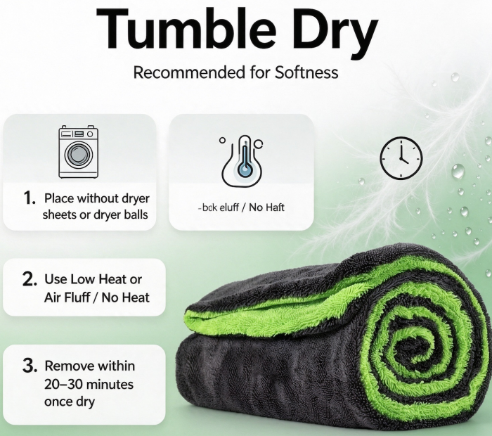 twisted loop microfiber car drying towel tumble dry care guide, low heat air fluff, remove when dry, ENA TEXTILES