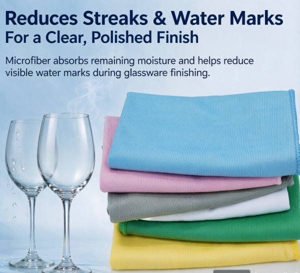 Color microfiber glass cloths absorb moisture, eliminate water marks and streaks on glassware